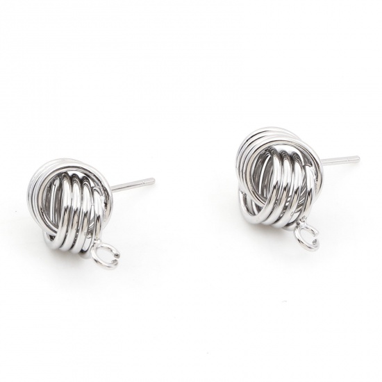 Picture of Brass Ear Post Stud Earrings Real Platinum Plated Ball Of Yarn With Loop 15.5mm x 11mm, Post/ Wire Size: (21 gauge), 2 PCs                                                                                                                                    