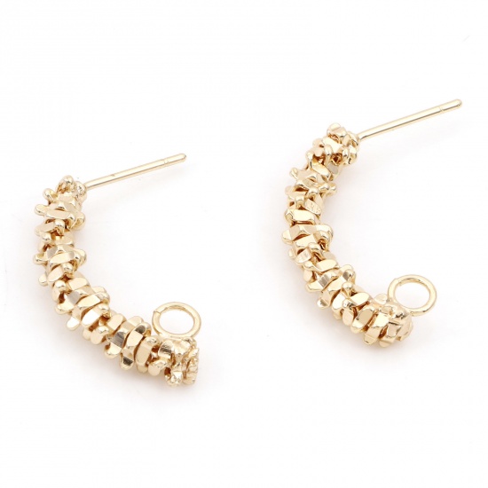 Picture of Brass Ear Post Stud Earrings 18K Real Gold Plated Arc With Loop 23mm x 5mm, Post/ Wire Size: (21 gauge), 2 PCs                                                                                                                                                