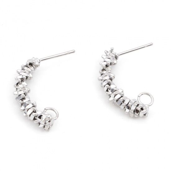 Picture of Brass Ear Post Stud Earrings Real Platinum Plated Arc With Loop 23mm x 5mm, Post/ Wire Size: (21 gauge), 2 PCs                                                                                                                                                