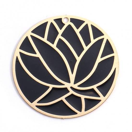 Picture of Iron Based Alloy Religious Pendants Gold Plated Black Round Lotus Flower Enamel 3.9cm Dia., 2 PCs