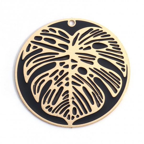 Picture of Iron Based Alloy Pendants Gold Plated Black Round Monstera Leaf Enamel 3.9cm Dia., 2 PCs