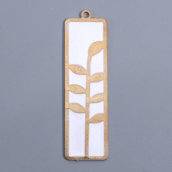 Immagine di Lega di Ferro Ciondoli Oro Placcato Bianco Rettangolo Foglia Smalto 4.8cm x 1.4cm, 2 Pz