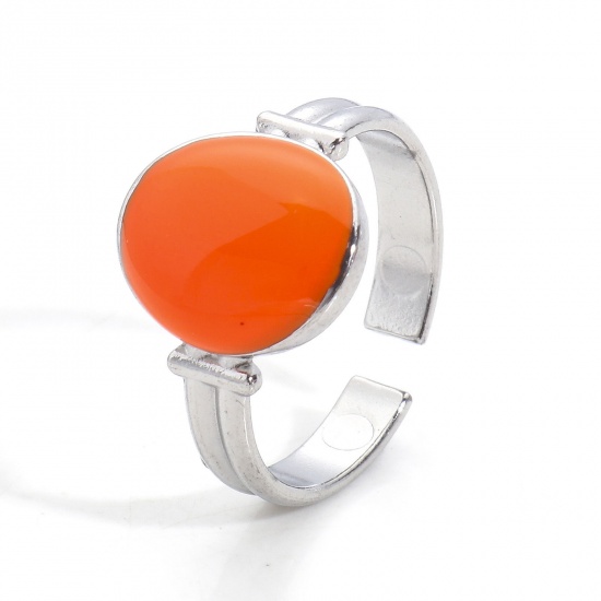 Immagine di Ecologico 304 Acciaio Inossidabile Aperto Regolabile Anello Tono Argento Arancione Ovale Smalto 16.9mm (taglia di US: 6.5), 1 Pz
