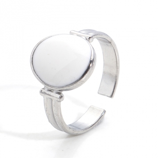 Immagine di Ecologico 304 Acciaio Inossidabile Aperto Regolabile Anello Tono Argento Bianco Ovale Smalto 16.9mm (taglia di US: 6.5), 1 Pz