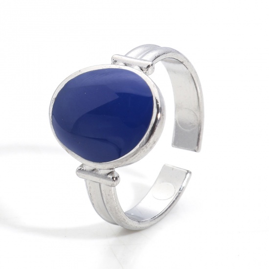 Immagine di Ecologico 304 Acciaio Inossidabile Aperto Regolabile Anello Tono Argento Blu Ovale Smalto 16.9mm (taglia di US: 6.5), 1 Pz
