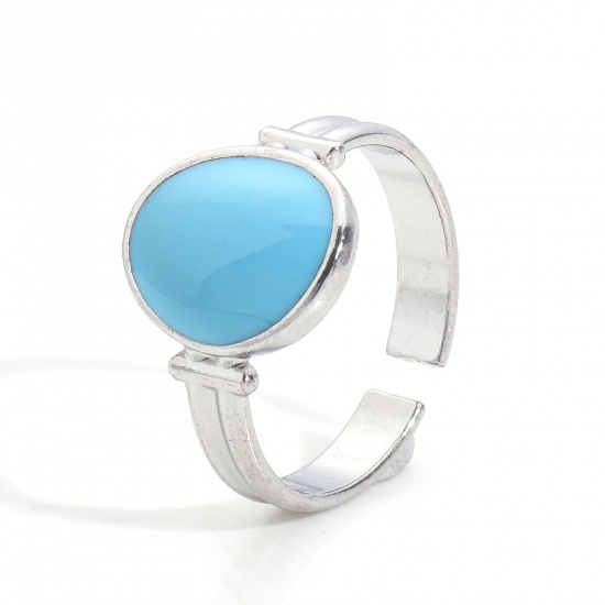 Immagine di Ecologico 304 Acciaio Inossidabile Aperto Regolabile Anello Tono Argento Azzurro Ovale Smalto 16.9mm (taglia di US: 6.5), 1 Pz