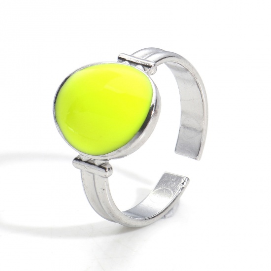 Immagine di Ecologico 304 Acciaio Inossidabile Aperto Regolabile Anello Tono Argento Giallo Fluorescente Ovale Smalto 16.9mm (taglia di US: 6.5), 1 Pz