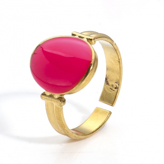 Bild von Umweltfreundliche PVD-Vakuumbeschichtung 304 Edelstahl Offen Verstellbar Ring 18K Gold plattiert Fuchsie Oval Emaille 16.9mm（US Größe:6.5), 1 Stück