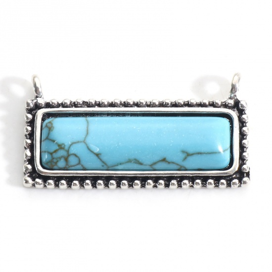 Picture of 2 PCs Zinc Based Alloy Boho Chic Bohemia Connectors Charms Pendants Antique Silver Color Green Blue Rectangle With Resin Cabochons Imitation Turquoise 3.4cm x 1.8cm