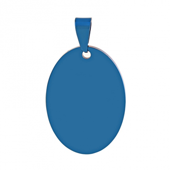 Picture of 1 Piece 201 Stainless Steel Blank Stamping Tags Charm Pendant Oval Blue Mirror Polishing 25mm x 35mm