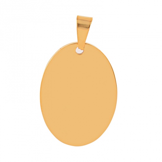 Picture of 1 Piece 201 Stainless Steel Blank Stamping Tags Charm Pendant Oval Gold Plated Mirror Polishing 25mm x 35mm