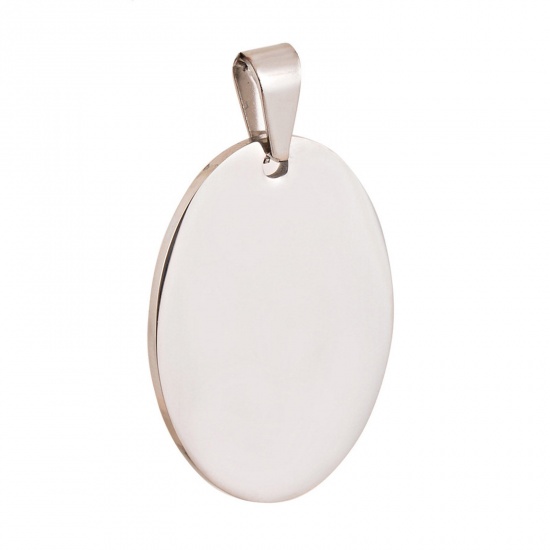 Picture of 1 Piece 201 Stainless Steel Blank Stamping Tags Charm Pendant Oval Silver Tone Mirror Polishing 25mm x 35mm