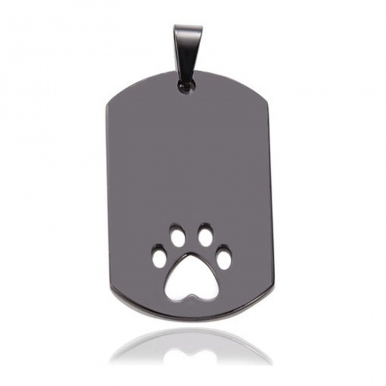 Picture of 1 Piece 201 Stainless Steel Blank Stamping Tags Charm Pendant Rectangle Paw Print Black Mirror Polishing 28mm x 45mm