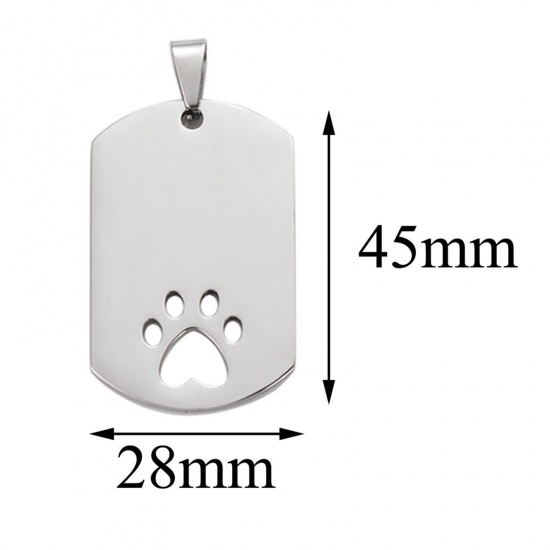 Picture of 1 Piece 201 Stainless Steel Blank Stamping Tags Charm Pendant Rectangle Paw Print Silver Tone Mirror Polishing 28mm x 45mm