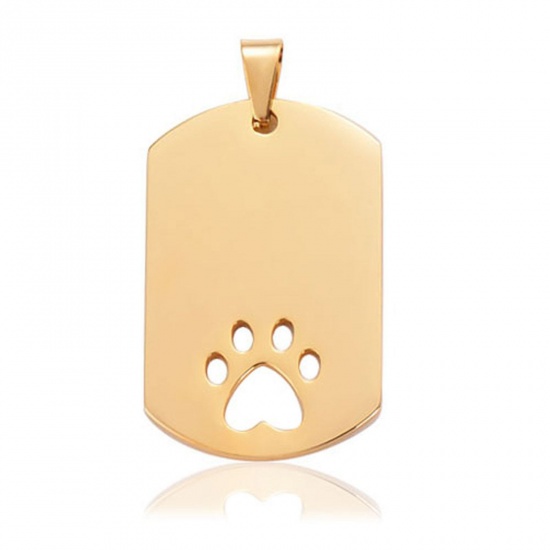 Picture of 1 Piece 201 Stainless Steel Blank Stamping Tags Charm Pendant Rectangle Paw Print Gold Plated Mirror Polishing 28mm x 45mm