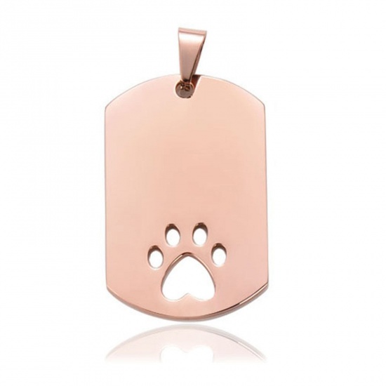 Picture of 201 Stainless Steel Blank Stamping Tags Pendants Rectangle Paw Print Rose Gold Mirror Polishing 28mm x 45mm, 1 Piece