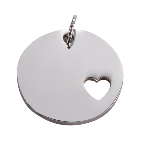 Picture of 201 Stainless Steel Blank Stamping Tags Pendants Round Heart Silver Tone Mirror Polishing 25mm Dia., 1 Piece