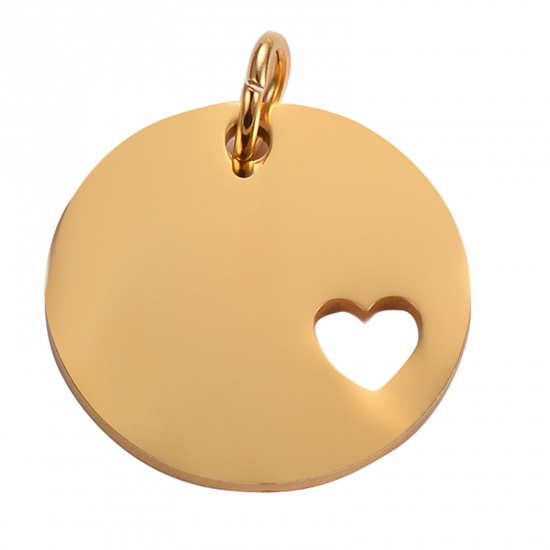 Picture of 201 Stainless Steel Blank Stamping Tags Pendants Round Heart Gold Plated Mirror Polishing 25mm Dia., 1 Piece