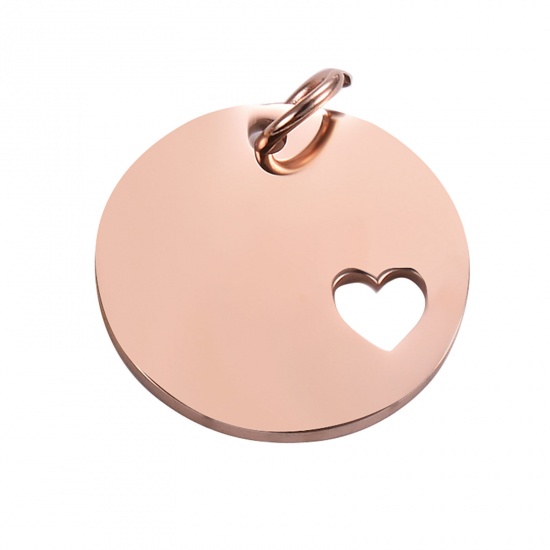Picture of 201 Stainless Steel Blank Stamping Tags Pendants Round Heart Rose Gold Mirror Polishing 25mm Dia., 1 Piece