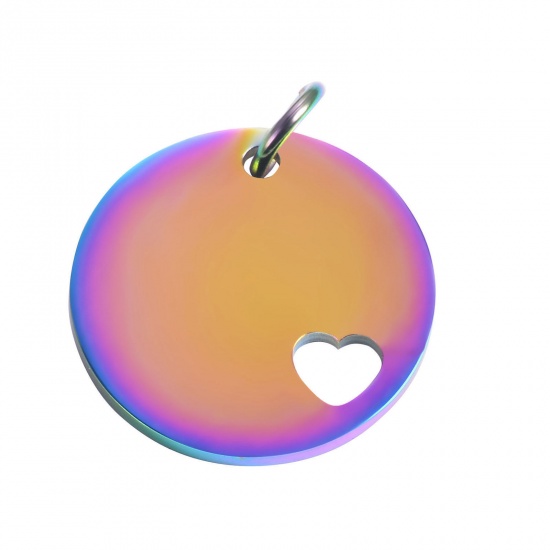 Picture of 201 Stainless Steel Blank Stamping Tags Pendants Round Heart Rainbow Color Plated Mirror Polishing 25mm Dia., 1 Piece