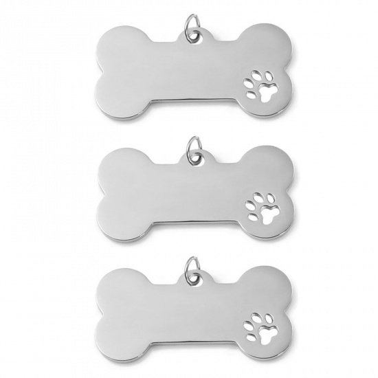 Picture of 201 Stainless Steel Pet Memorial Blank Stamping Tags Pendants Bone Paw Print Silver Tone Mirror Polishing 40mm x 20mm, 1 Piece