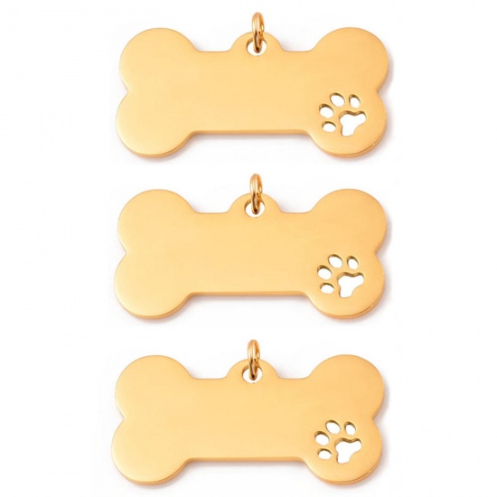 Picture of 201 Stainless Steel Pet Memorial Blank Stamping Tags Pendants Bone Paw Print Gold Plated Mirror Polishing 40mm x 20mm, 1 Piece