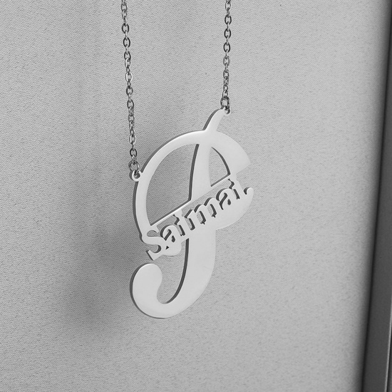 Picture of 1 Piece 304 Stainless Steel Customized Name Necklace Personalized Letter Pendant Initial Alphabet/ Capital Letter Silver Tone 45cm(17 6/8") long