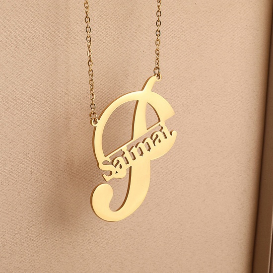 Picture of 304 Stainless Steel Customized Name Necklace Personalized Letter Pendant Initial Alphabet/ Capital Letter Gold Plated 45cm(17 6/8") long, 1 Piece