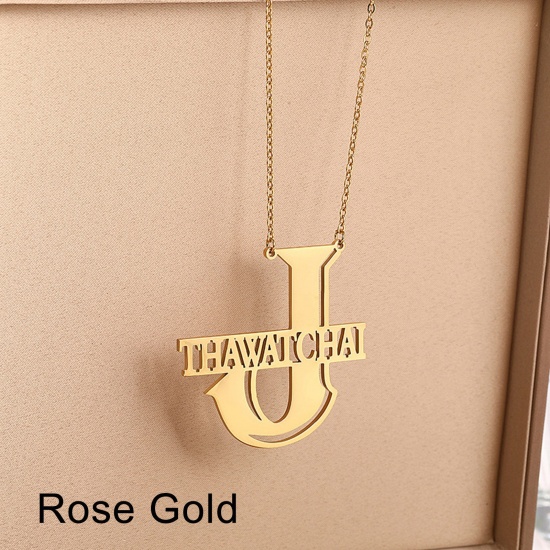 Picture of 1 Piece 304 Stainless Steel Customized Name Necklace Personalized Letter Pendant Initial Alphabet/ Capital Letter Rose Gold 45cm(17 6/8") long