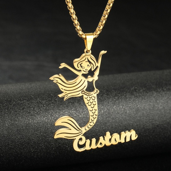 Immagine di 304 Acciaio Inossidabile Collana con Nome Personalizzato Ciondolo con Lettera Personalizzata Sirena Pesce Oro Placcato 40cm Lunghezza, 1 Pz