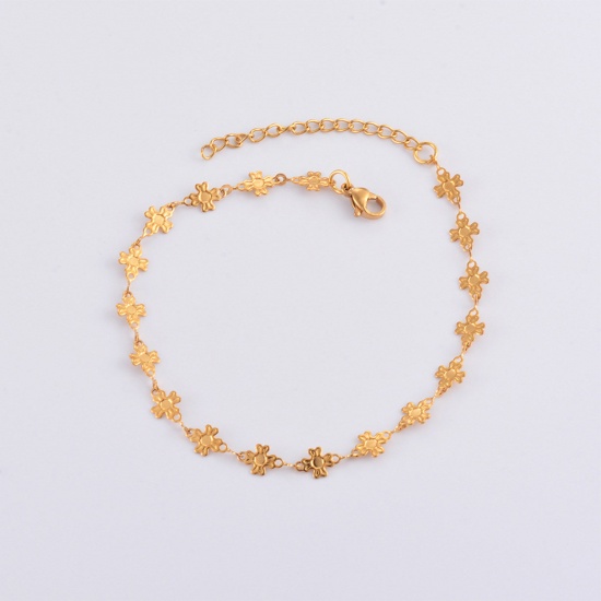 Picture of 304 Stainless Steel Handmade Link Chain Anklet 18K Gold Plated Cross 21cm(8 2/8") long, 1 Piece