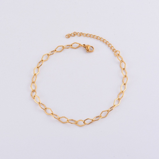 Picture of 304 Stainless Steel Handmade Link Chain Bracelets 18K Gold Plated Rhombus 18cm(7 1/8") long, 1 Piece