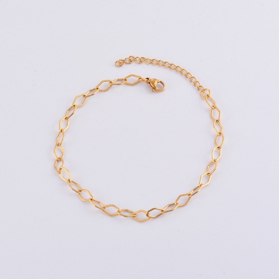 Picture of 304 Stainless Steel Handmade Link Chain Anklet 18K Gold Plated Rhombus 21cm(8 2/8") long, 1 Piece