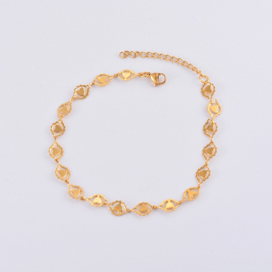 Picture of 304 Stainless Steel Handmade Link Chain Bracelets 18K Gold Plated Heart Hollow 18cm(7 1/8") long, 1 Piece