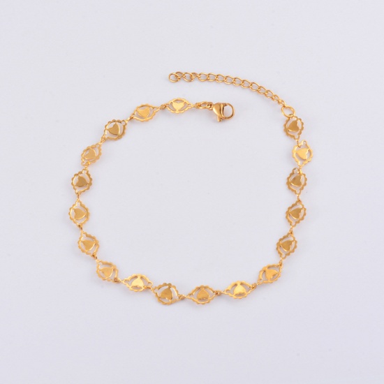 Picture of 304 Stainless Steel Handmade Link Chain Anklet 18K Gold Plated Heart 21cm(8 2/8") long, 1 Piece