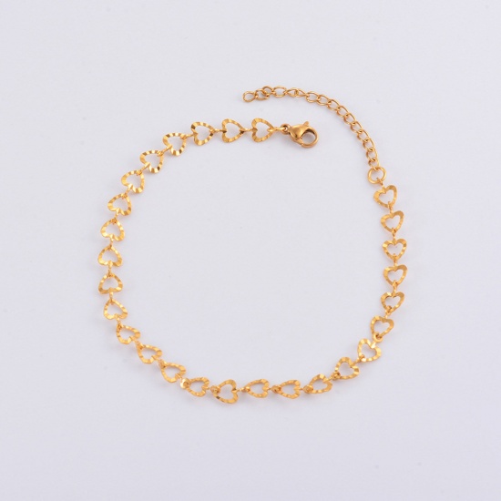 Picture of 304 Stainless Steel Handmade Link Chain Anklet 18K Gold Plated Hollow Heart 21cm(8 2/8") long, 1 Piece