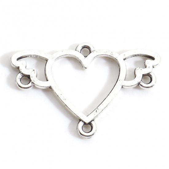 Picture of Zinc Based Alloy Valentine's Day Chandelier Connectors Antique Silver Color Heart Wing Hollow 24mm x 16mm, 20 PCs