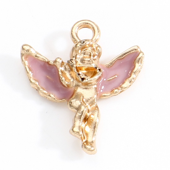 Picture of Zinc Based Alloy Religious Charms Gold Plated Pink Angel Wing Enamel 19mm x 16mm, 10 PCs