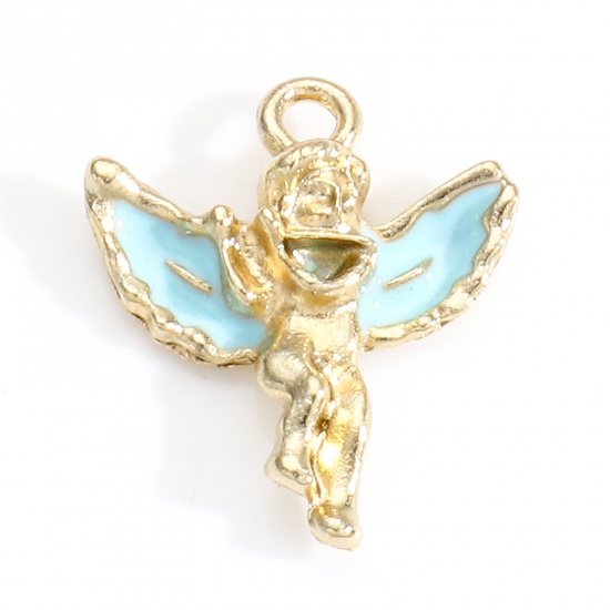 Picture of Zinc Based Alloy Religious Charms Gold Plated Blue Angel Wing Enamel 19mm x 16mm, 10 PCs