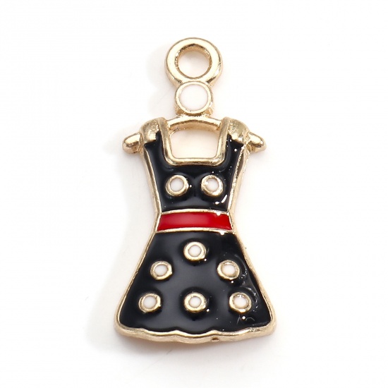 Picture of Zinc Based Alloy Clothes Charms Gold Plated Black Dress Dot Enamel 25.5mm x 12.5mm, 5 PCs