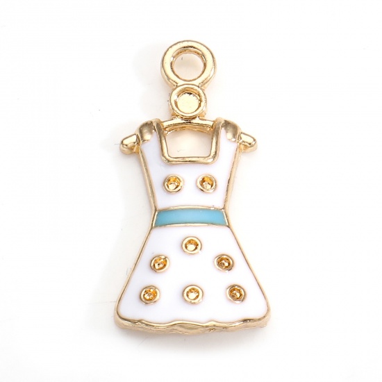 Picture of Zinc Based Alloy Clothes Charms Gold Plated White Dress Dot Enamel 25.5mm x 12.5mm, 5 PCs
