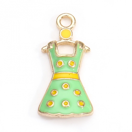 Picture of Zinc Based Alloy Clothes Charms Gold Plated Green Dress Dot Enamel 25.5mm x 12.5mm, 5 PCs