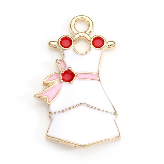 Picture of Zinc Based Alloy Clothes Charms Gold Plated White Dress Dot Enamel 26mm x 16mm, 5 PCs