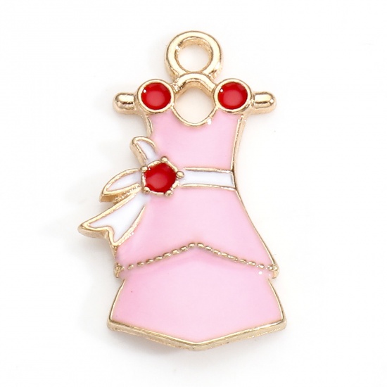 Picture of Zinc Based Alloy Clothes Charms Gold Plated Pink Dress Dot Enamel 26mm x 16mm, 5 PCs