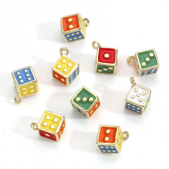 Picture of Zinc Based Alloy Charms Gold Plated Multicolor Dice 3D 14mm x 10mm, 5 PCs