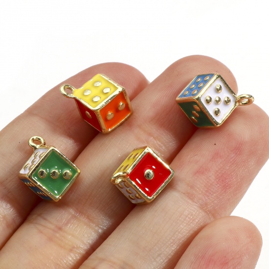 Picture of Zinc Based Alloy Charms Gold Plated Multicolor Dice 3D 14mm x 10mm, 5 PCs