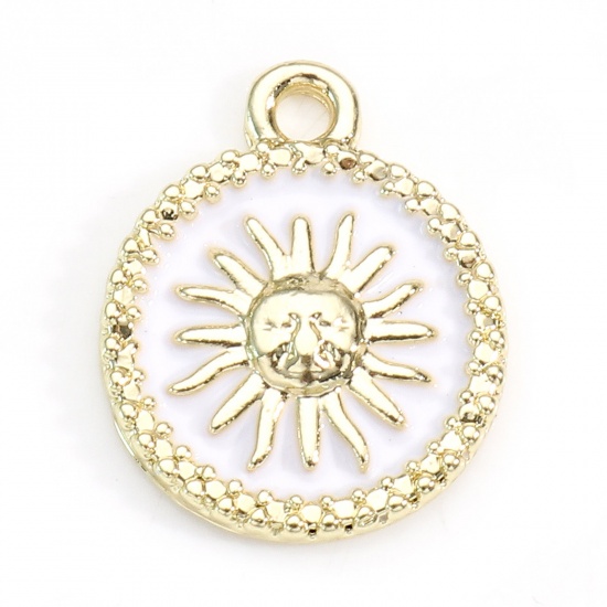 Picture of Zinc Based Alloy Galaxy Charms Gold Plated White Round Sun Enamel 16.5mm x 13mm, 5 PCs