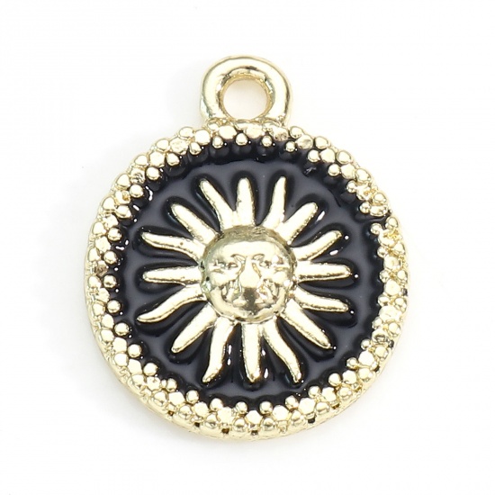 Picture of Zinc Based Alloy Galaxy Charms Gold Plated Black Round Sun Enamel 16.5mm x 13mm, 5 PCs