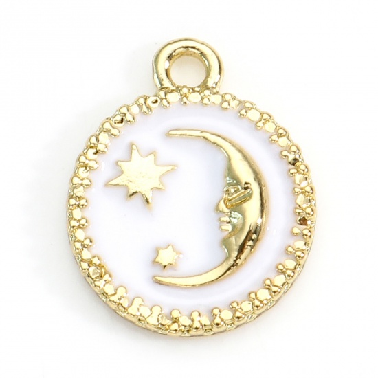 Picture of Zinc Based Alloy Galaxy Charms Gold Plated White Round Moon Enamel 16mm x 13mm, 5 PCs