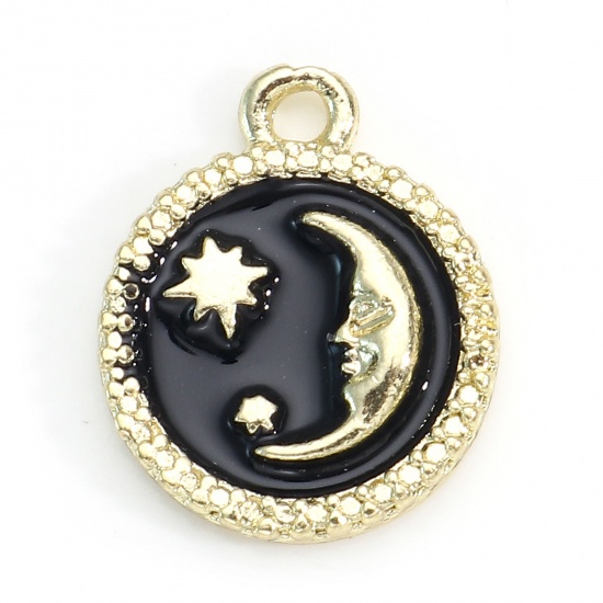 Picture of Zinc Based Alloy Galaxy Charms Gold Plated Black Round Moon Enamel 16mm x 13mm, 5 PCs